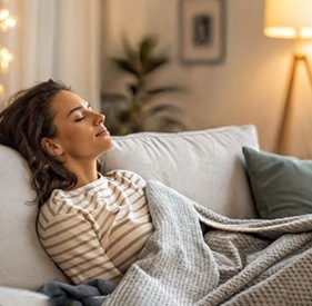 Woman relaxing peacefully at home